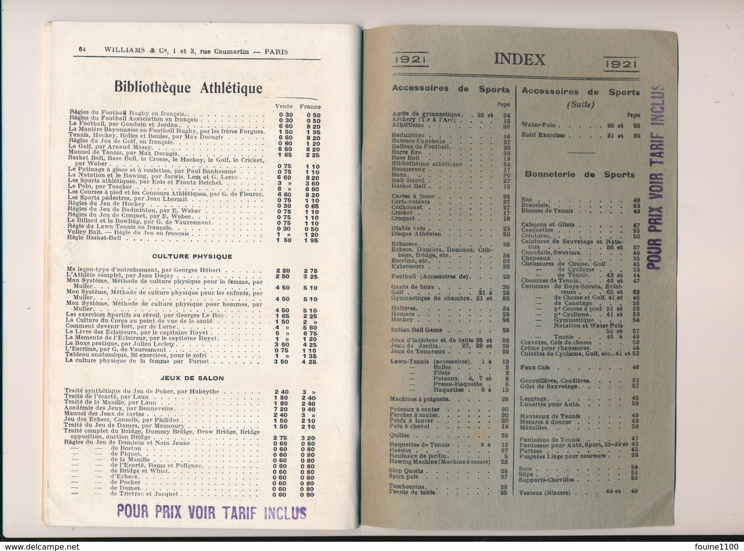 Catalogue 1921 Williams & C° Articles pour sports jeux tennis tir à l'arc golf polo croquet bombardo natation boy scouts