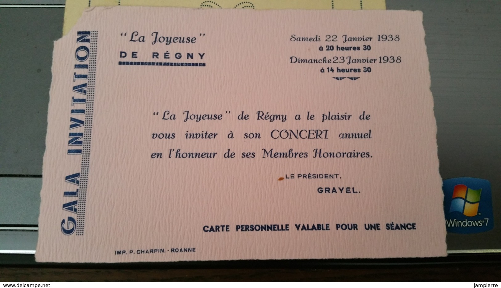 Ville De Régny (42) - Deux Séances De Gala Organisée Par 'La Joyeuse', 22 & 23 Janvier 1938 - Programme & Invitation - Programs