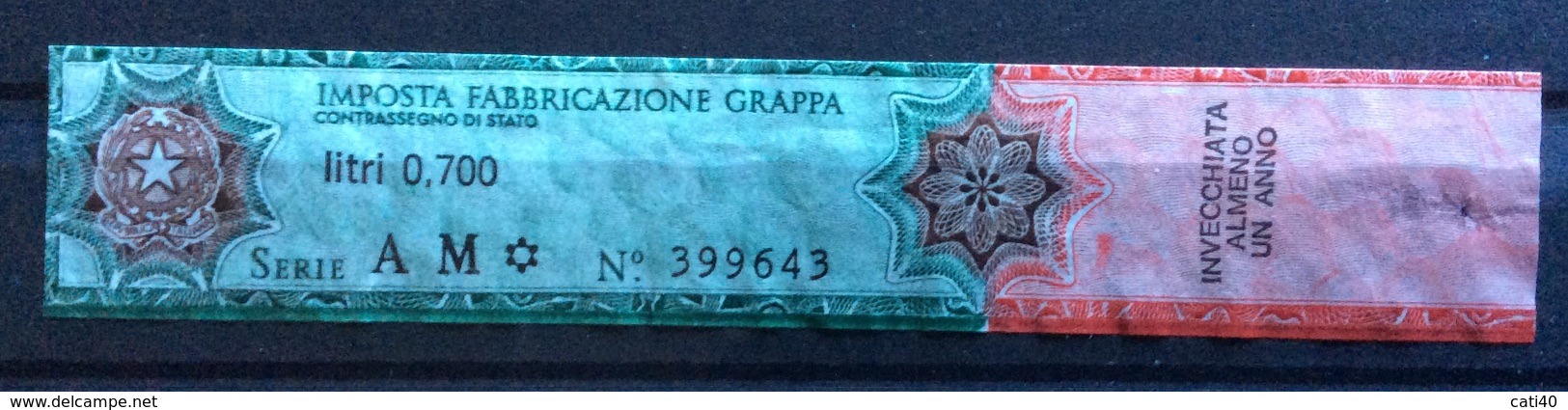 MARCA DA BOLLO IMPOSTA FABBRICAZIONE GRAPPA - Litri 0,700 - Revenue Stamps