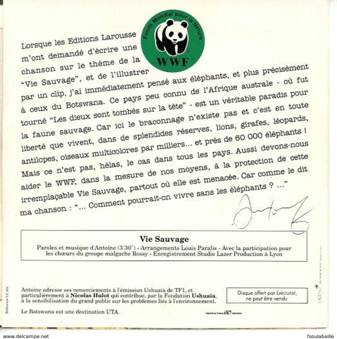 Antoine  (45T 1 Titre, Promo Larousse) - Vie Sauvage - 1990 - Limitierte Auflagen