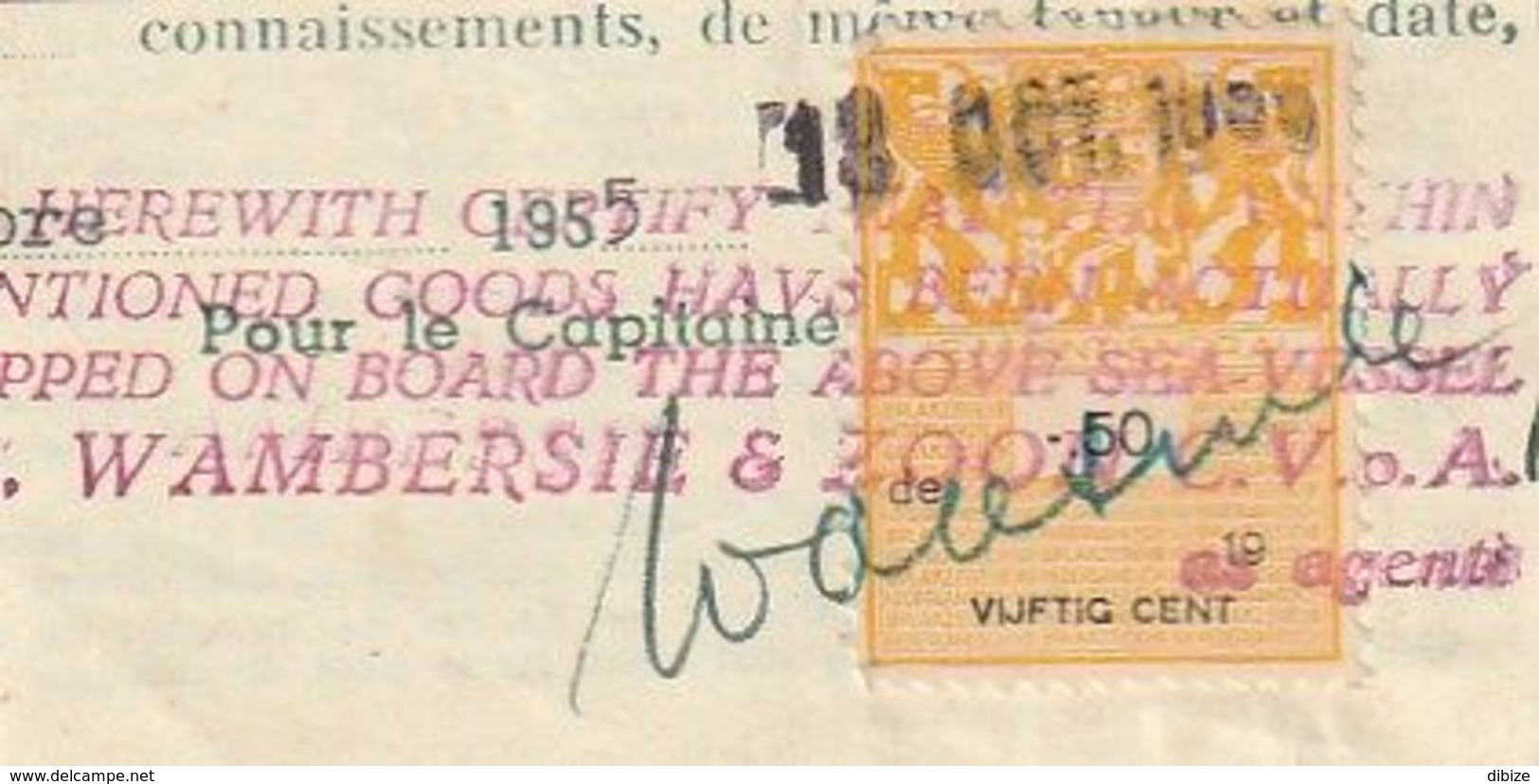 Hollande. Pays Bas. Fragment De Document Avec Vignette De Connaissements. 50 Centimes. 1955. - Revenue Stamps