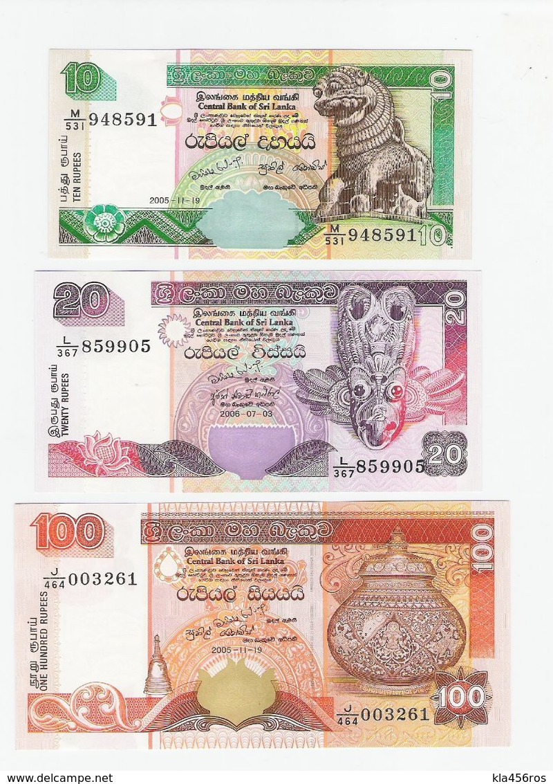 Sri Lanka  10 Rupees 2005, 20 Rupees 2006 100 Rupees 2005 UNC - Sri Lanka