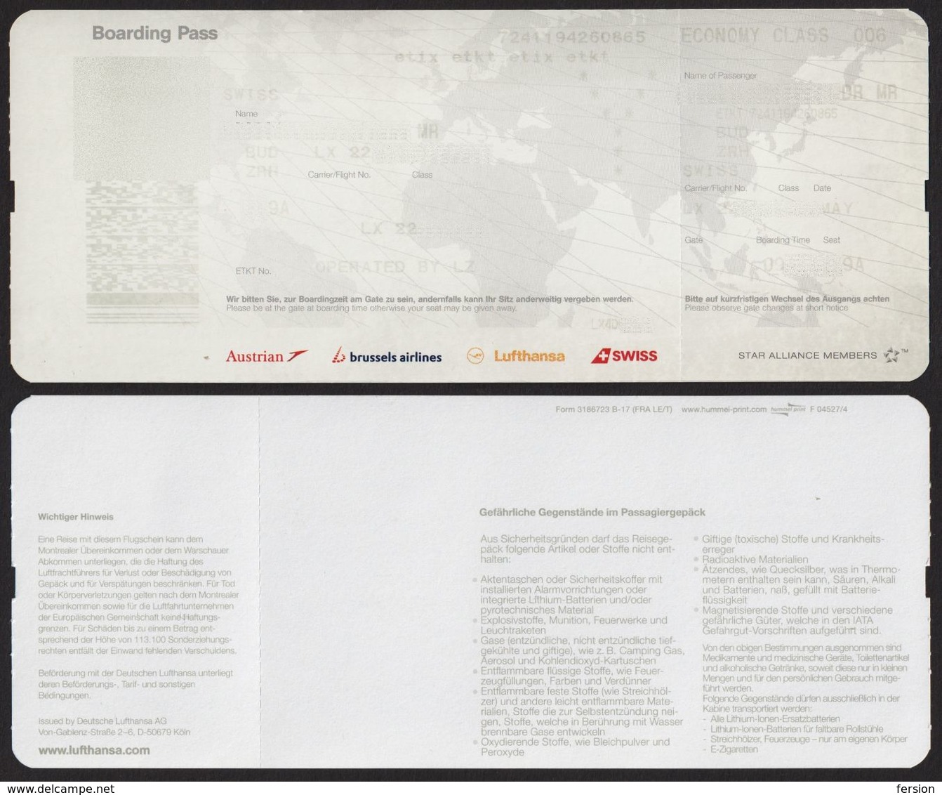 STAR Alliance 2018 SWISS Lufthansa Austrian Brussels Airlines Boarding Pass HUNGARY SWITZERLAND Budapest Zürich - Tarjetas De Embarque