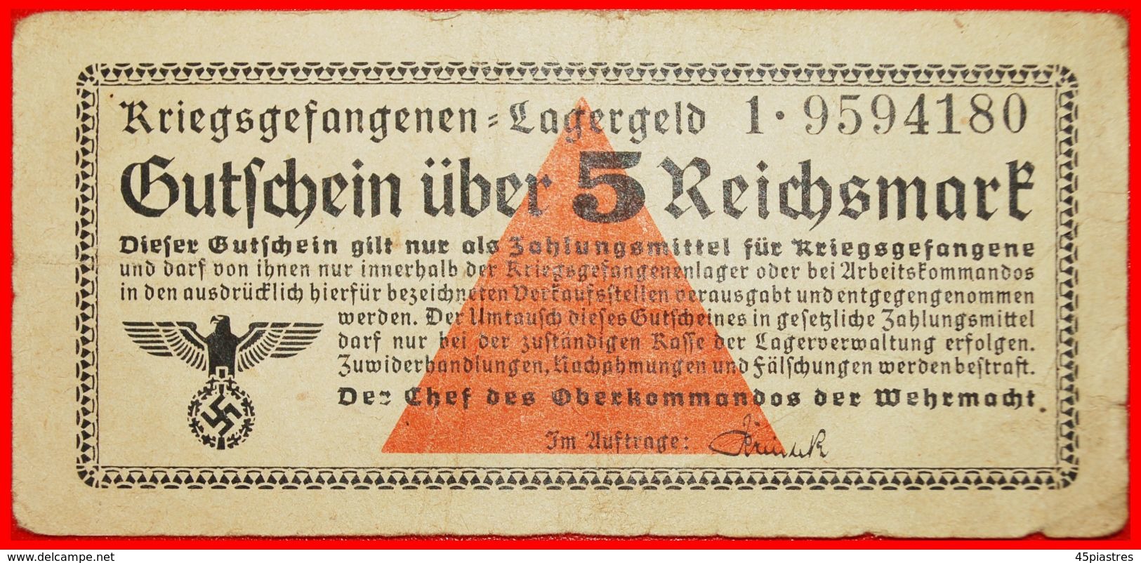 · CAMP MONEY FOR ALL MILITARY PRISONER CAMPS: GERMANY ★ 5 REICHMARK (1939-1945) UNCOMMON! LOW START ★ NO RESERVE! - Other & Unclassified