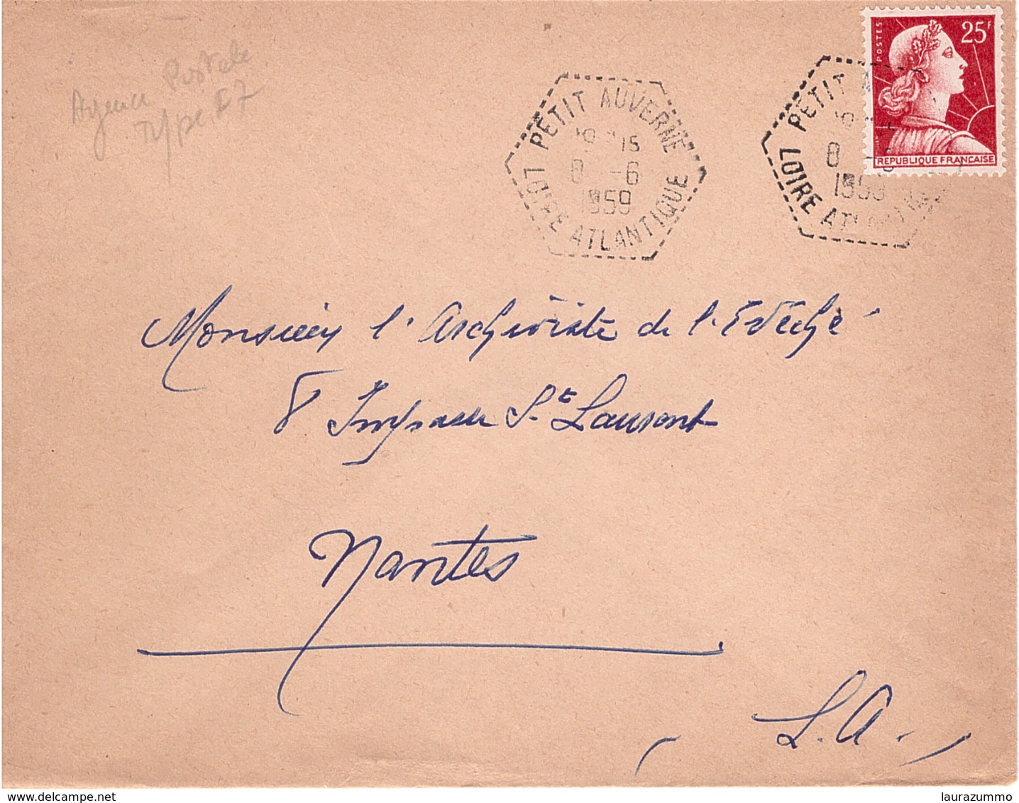 FRANCE - Lettre - L' Archiviste De L’Évêché - Nantes - Oblitération  Cachet Hexagonal - Agence Postale - Muller 25f-1959 - Lettres & Documents