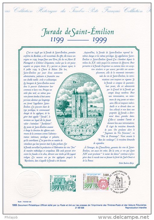 " JURADE DE SAINT-EMILION " Sur Document Philatélique Officiel De 1999 N° YT 3251. DPO - Covers & Documents
