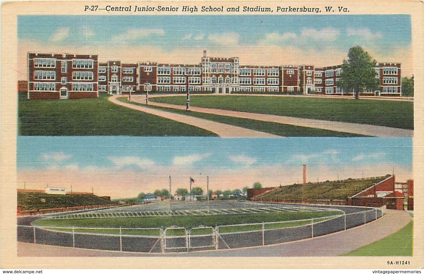 283529-West Virginia, Parkersburg, Central Junior-Senior High School & Stadium, Curteich No 9A-H1241 - Parkersburg