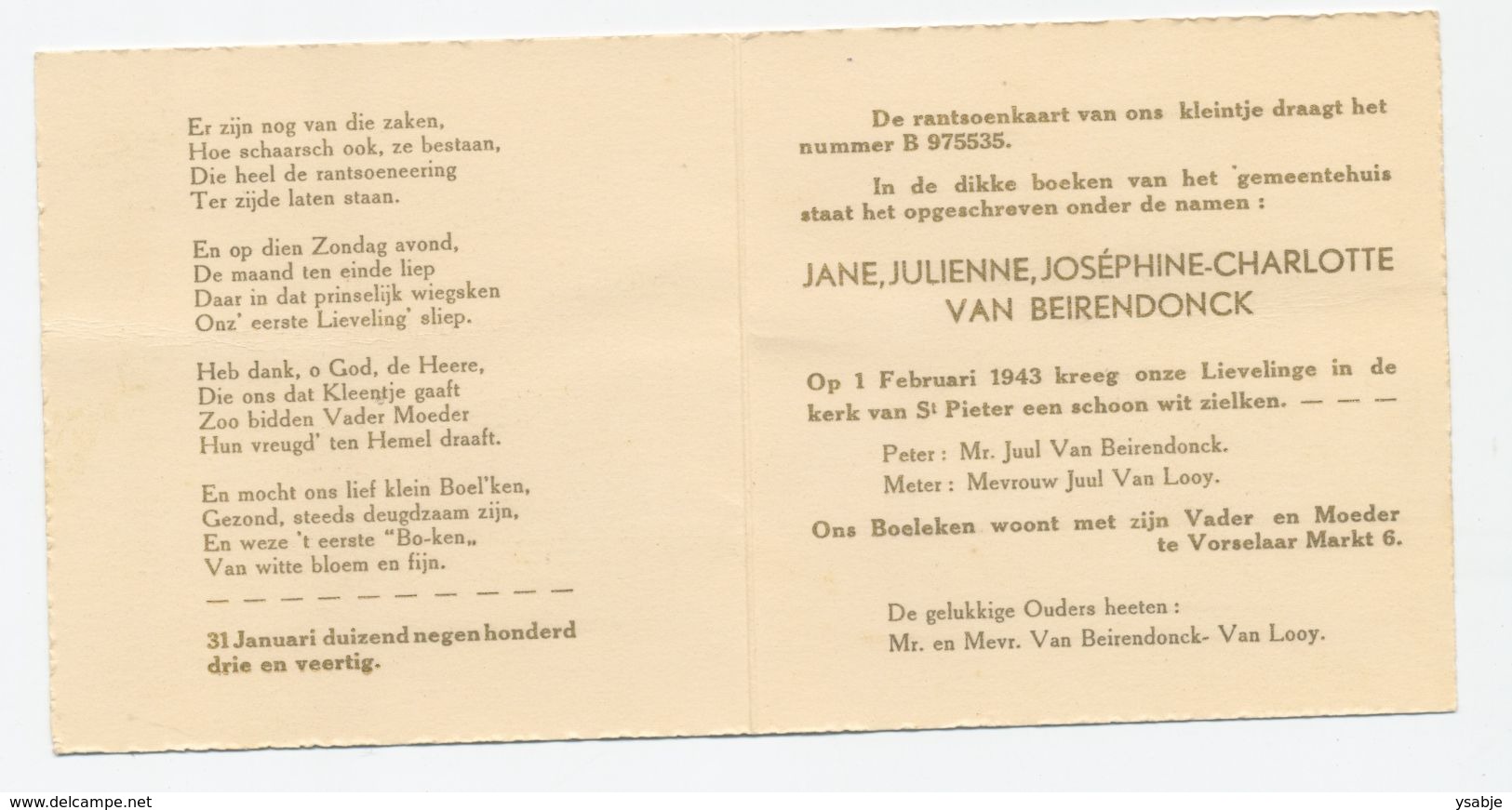 Doop Prentje Illustrator Jeanne Hebbelynck - Jane, Julienne Joséphine-Charlotte Van Beirendonck 1943 - Nacimiento & Bautizo