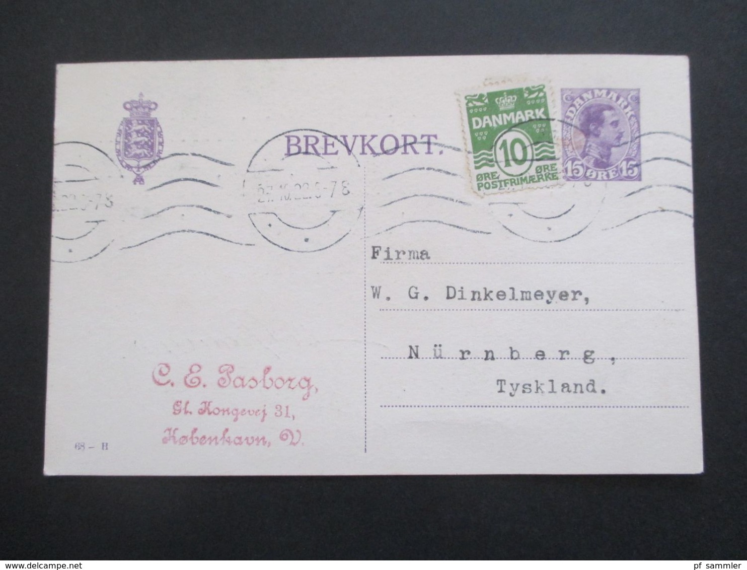 Dänemark 1922 Ganzsache Mit Zusatzfrankatur Freimarken Wellenlinien Nach Nürnberg Gesendet - Lettres & Documents