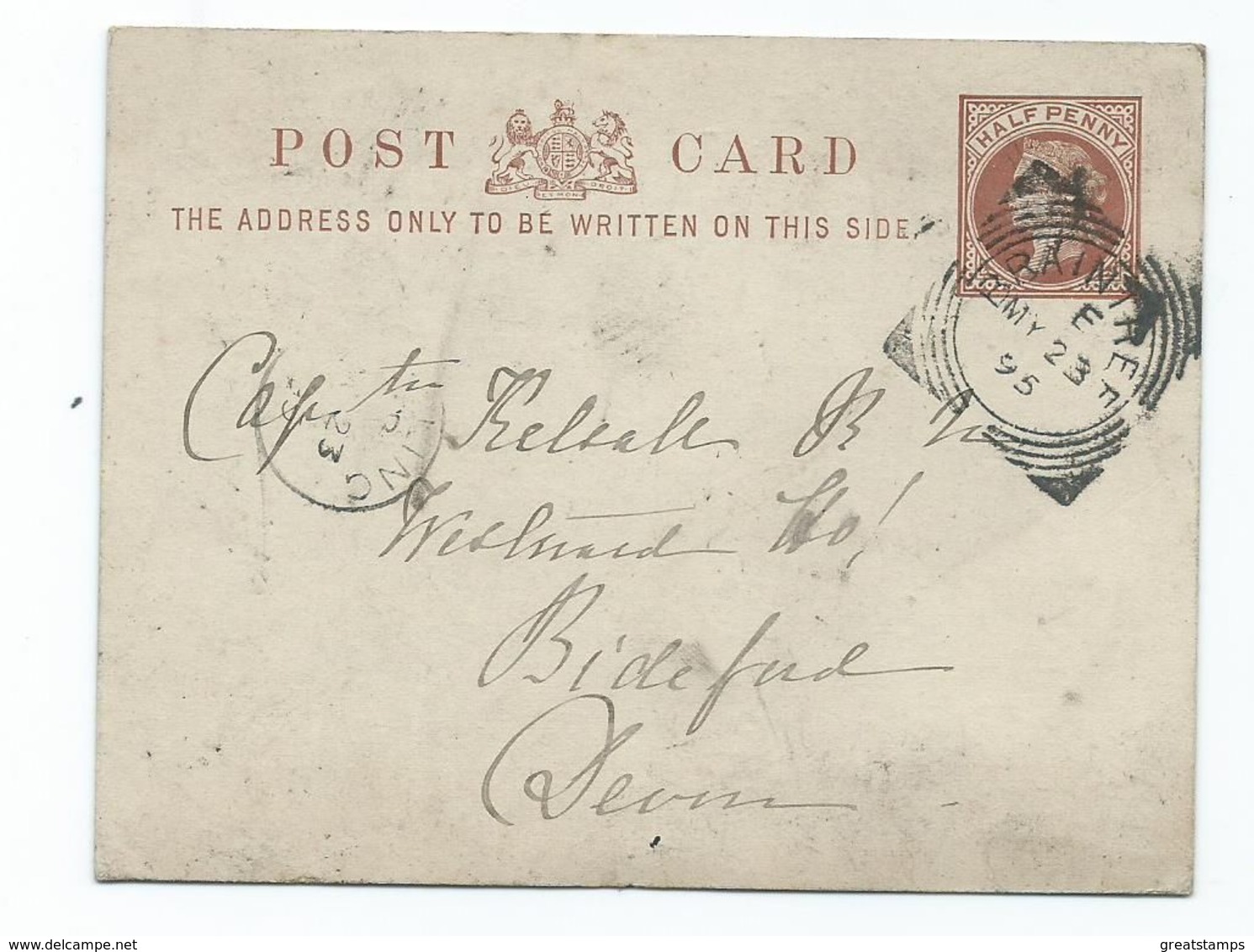 Squared Circle Cancel Great Britain Victoria Braintree  E 1895    Pre Paid To Bideford  Postcard - Lettres & Documents