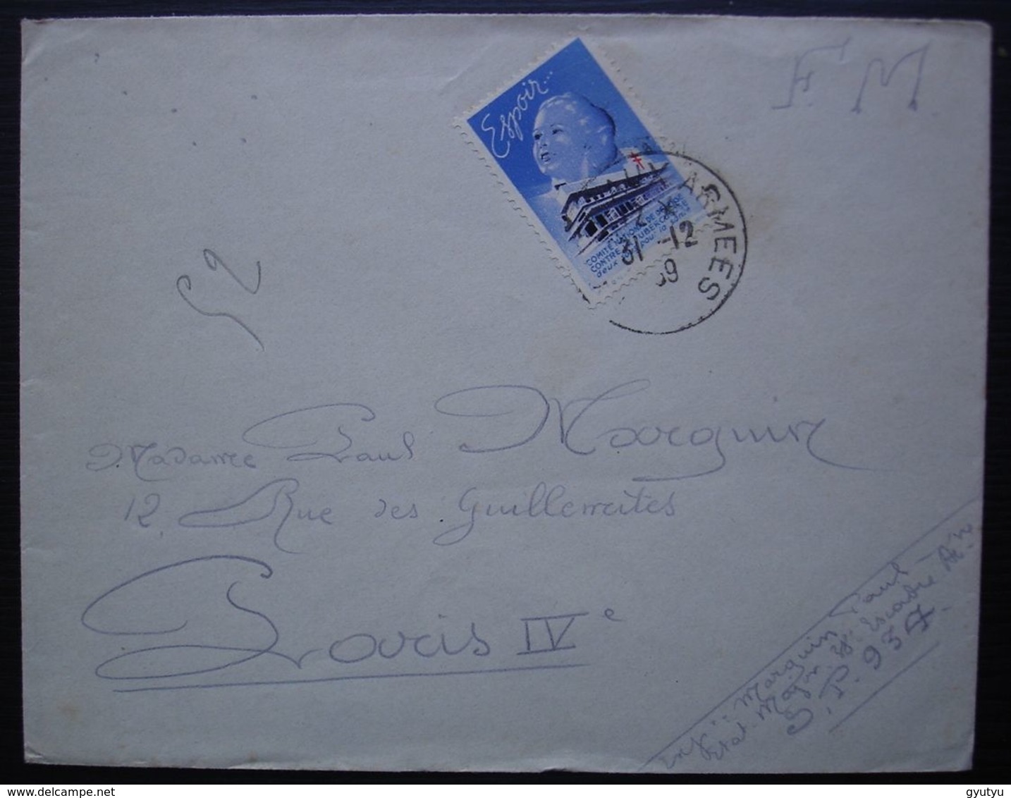 1939 Lettre En Franchise Du S.P. 937 Avec Vignette Espoir (contre La Tuberculose), Oblitérée. - Guerre De 1939-45