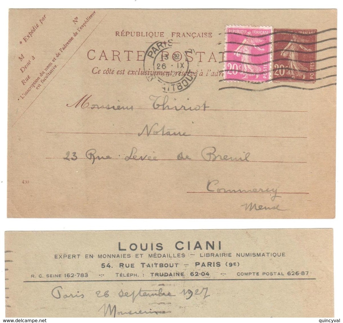 PARIS Carte Postale Entier 20c Semeuse Compl 20c Yv 139-CP1 H1 190 Mill 430 Repiqué Verso Dos Monnaie Numi CIANI Ob 1927 - Overprinter Postcards (before 1995)