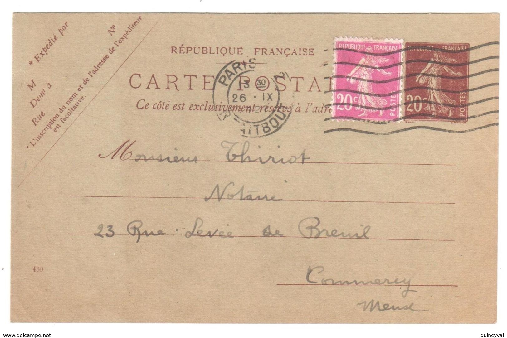 PARIS Carte Postale Entier 20c Semeuse Compl 20c Yv 139-CP1 H1 190 Mill 430 Repiqué Verso Dos Monnaie Numi CIANI Ob 1927 - Overprinter Postcards (before 1995)