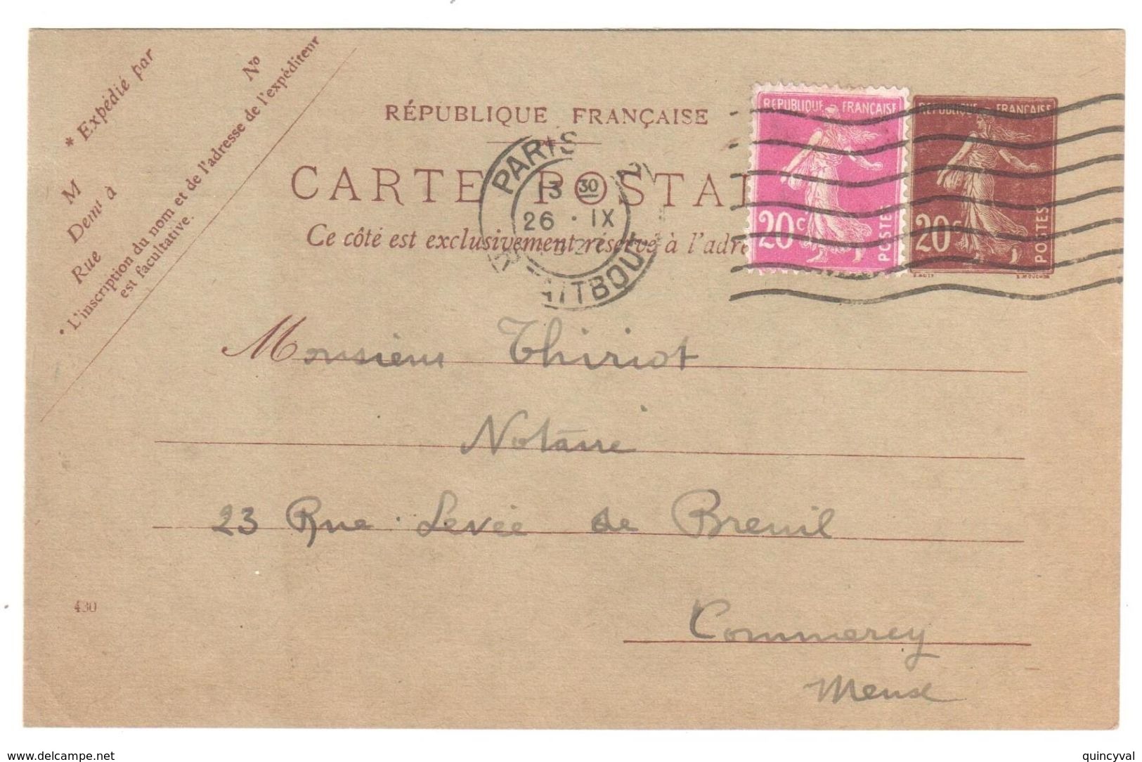 PARIS Carte Postale Entier 20c Semeuse Compl 20c Yv 139-CP1 H1 190 Mill 430 Repiqué Verso Dos Monnaie Numi CIANI Ob 1927 - AK Mit Aufdruck (vor 1995)