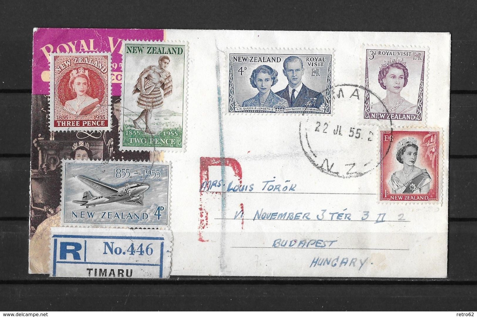 1955 Neuseeland R-Brief Timaru Nach Budapest Ungarn (N.Z. Royal Tour) - Luchtpost