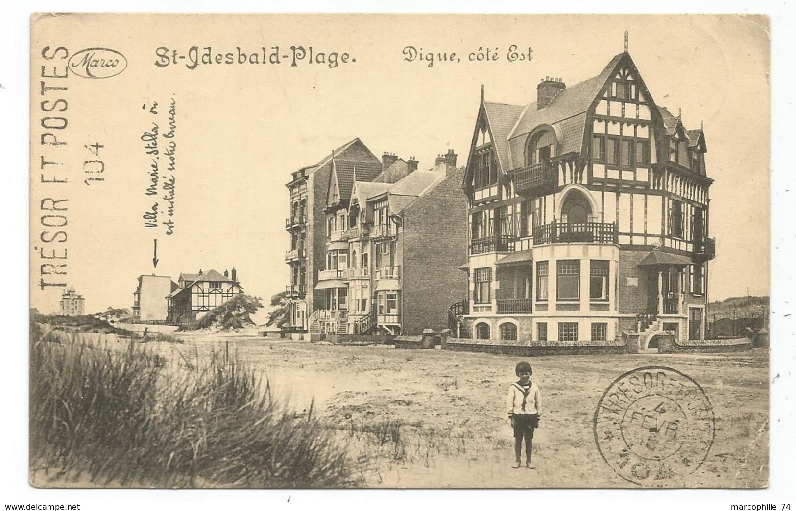 BELGIQUE CARTE ST GDESBALD PLAGE + TRESOR ET POSTES 104  4 FEVR 1915 + GRIFFE - Oorlog 1914-18