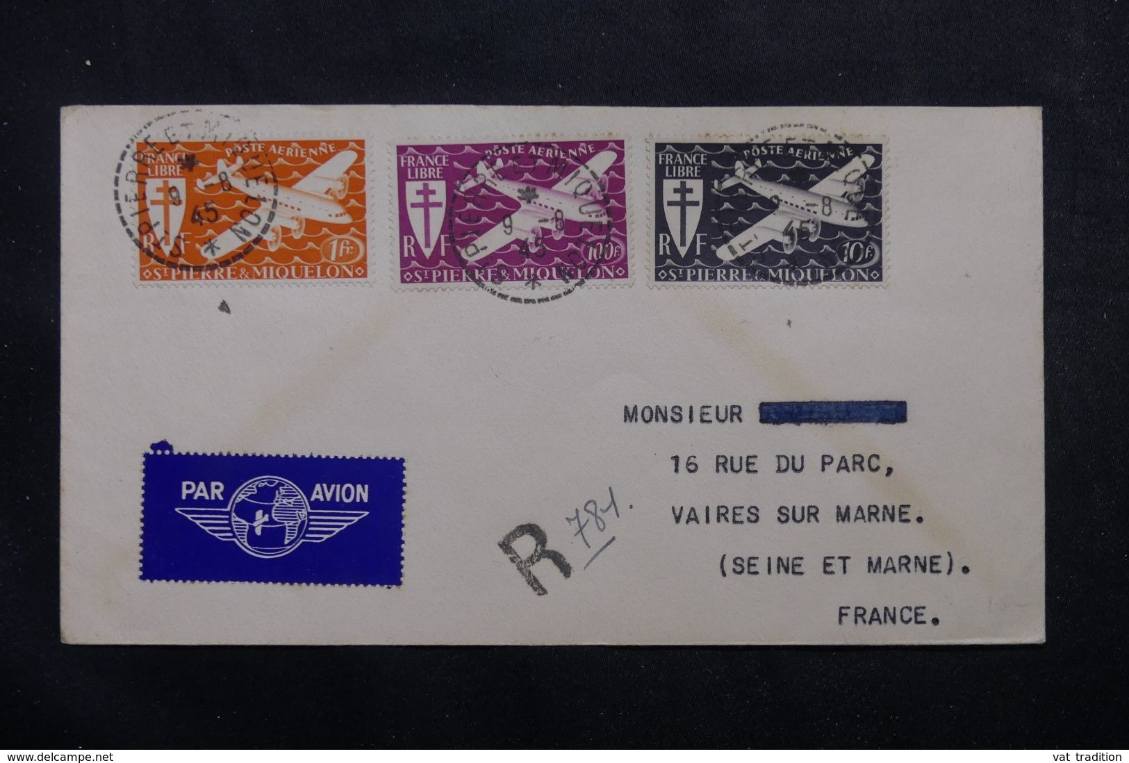 SAINT PIERRE ET MIQUELON - Enveloppe En Recommandé Pour La France En 1945, Affranchissement Plaisant  - L 63800 - Lettres & Documents