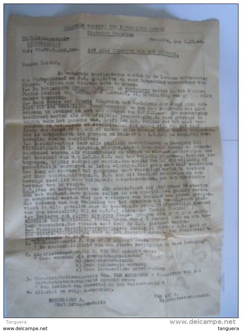 Brief Lettre 1942 V.V.K.S. District Mechelen Vlaamsch Verbond Der Katholieke Scouts - Documentos Históricos