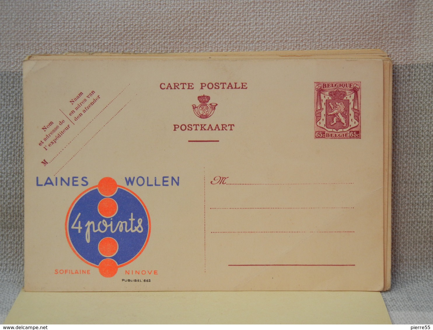 BELGIQUE ENTIER POSTAL 65c VIOLET LION HERALDIQUE - PUB LAINES 4 POINTS NINOVE - NEUF - Cartes Postales 1934-1951