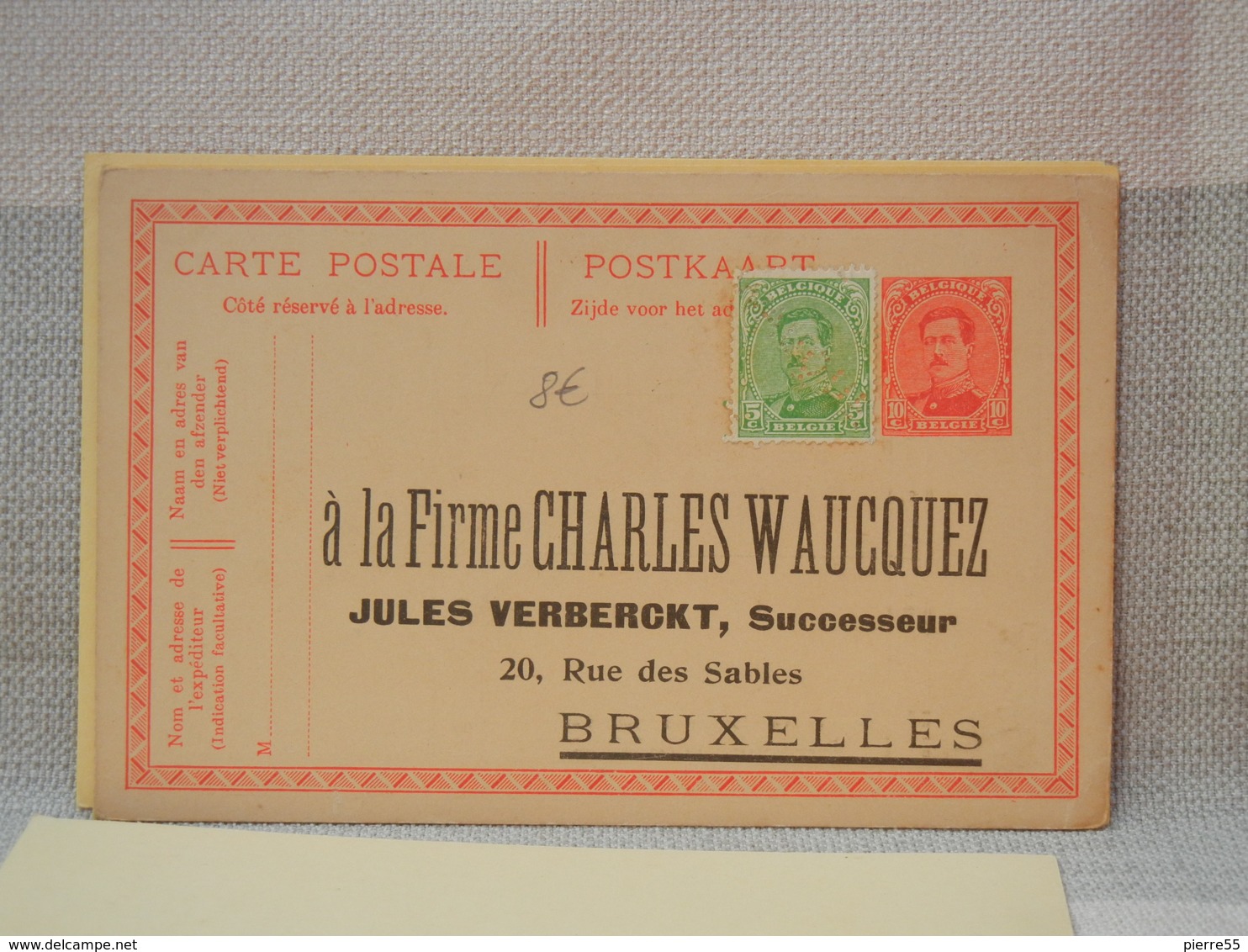 BELGIQUE ENTIER POSTAL 10c ROUGE + COMPL 5c VERT ROI ALBERT - PUB MERCERIE WAUCQUEZ BRUXELLES - Tarjetas 1934-1951