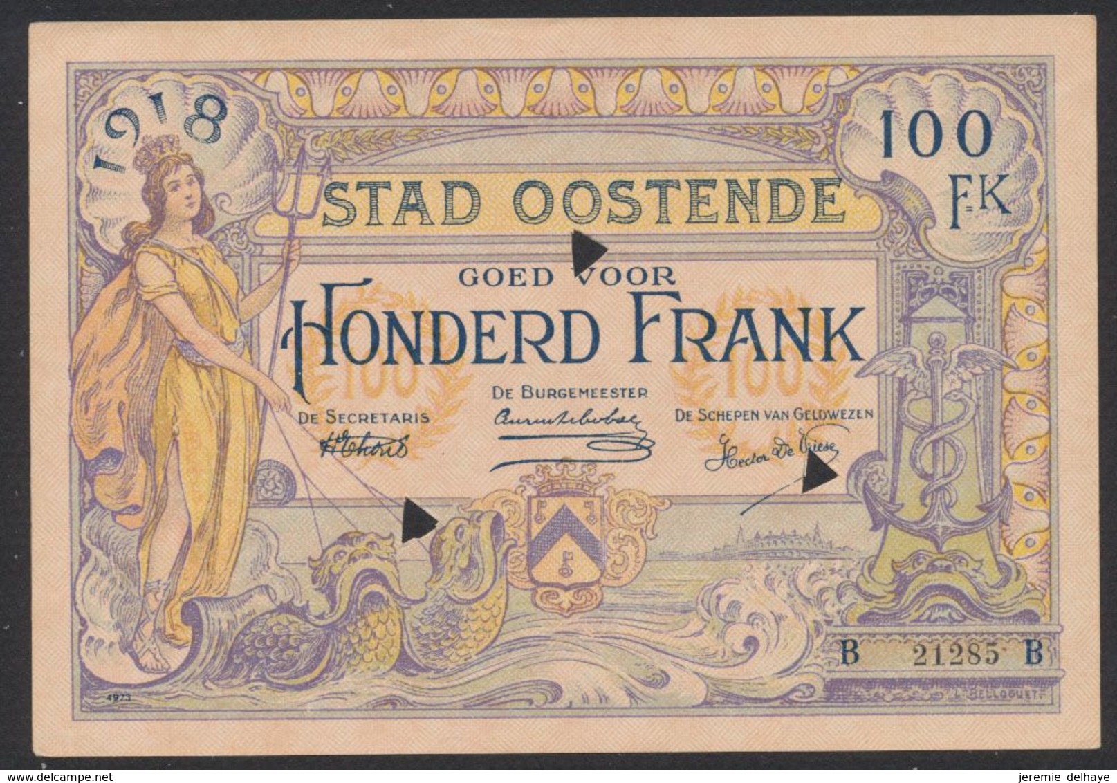 Belgique - Billet De Nécessité : Ville D'Ostende Bon De 100 Francs. Très Bon état (1918) / Guerre 14-18 - 100 Francos