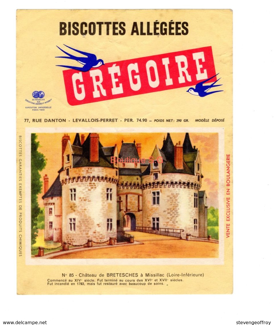 Buvard Biscottes Gregoire Levallois Perret Numero N 85 Chateau Bretesches Missillac Loire Inferieur Monument Batiment - Biscottes