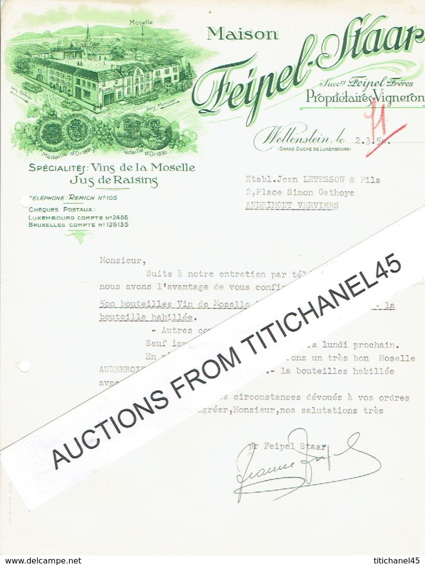 Lettre Illustrée 1950 WELLENSTEIN - Maison  FEIPEL-STAAR - Propriétaires-vignerons : Spécialités Vins De La Moselle - Luxembourg