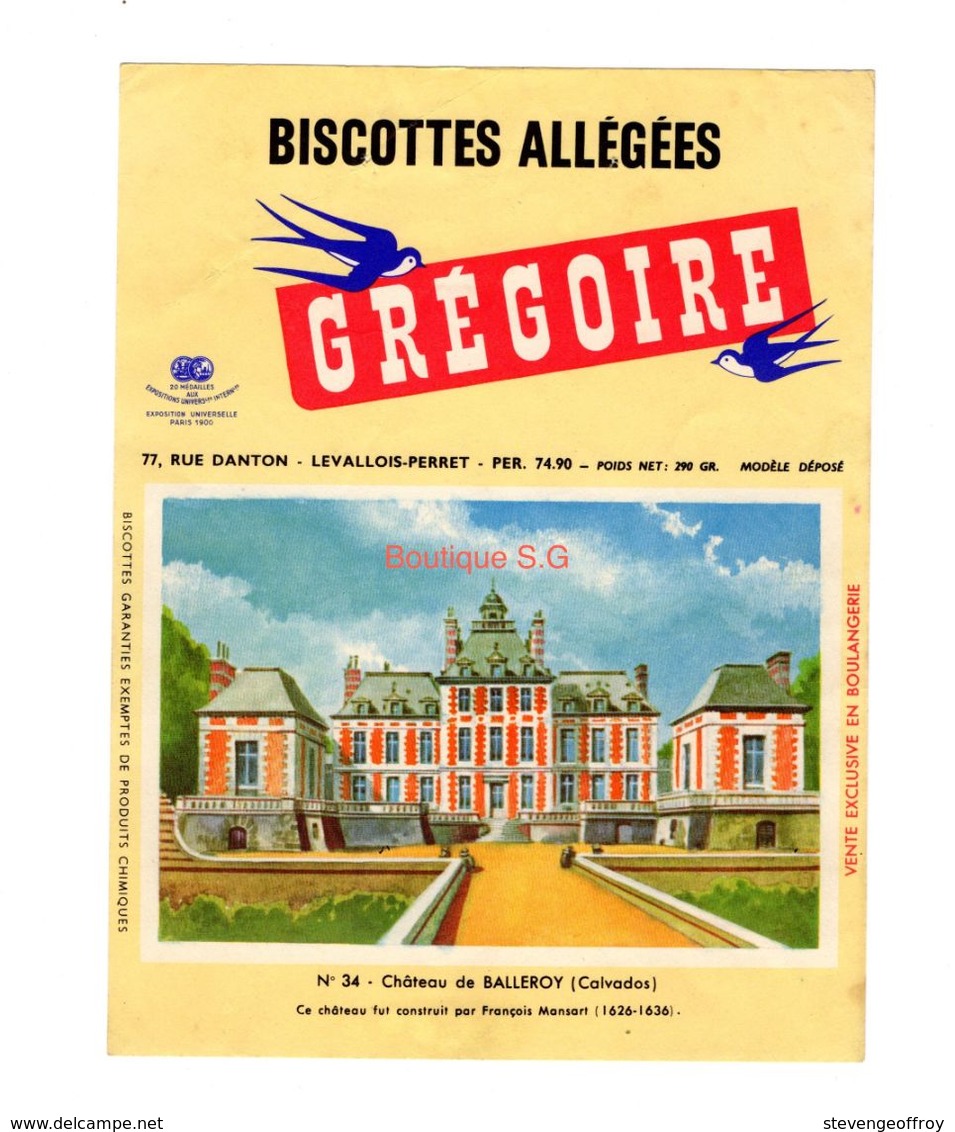 Buvard Biscottes Gregoire Levallois Perret Numero N 34 Chateau Balleroy Calvados Batiment Monument - Biscottes