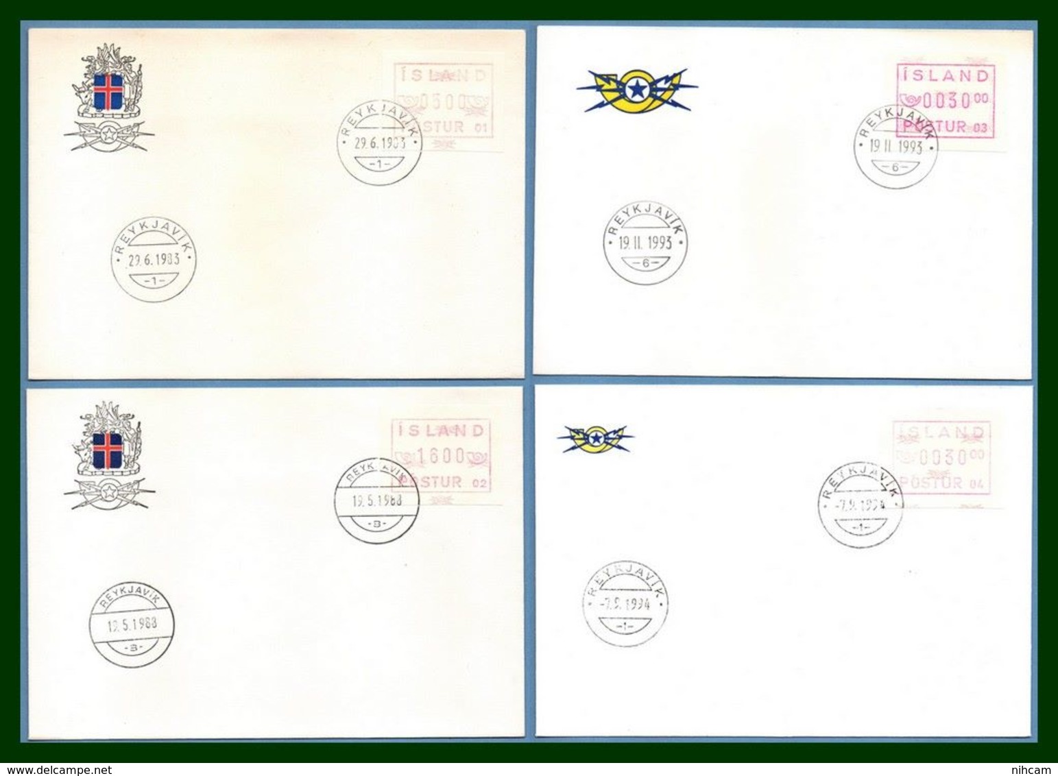 Island Islande 4 FDC POSTUR 1983 - 1988 - 1993 - 1994 - Frankeervignetten (Frama)