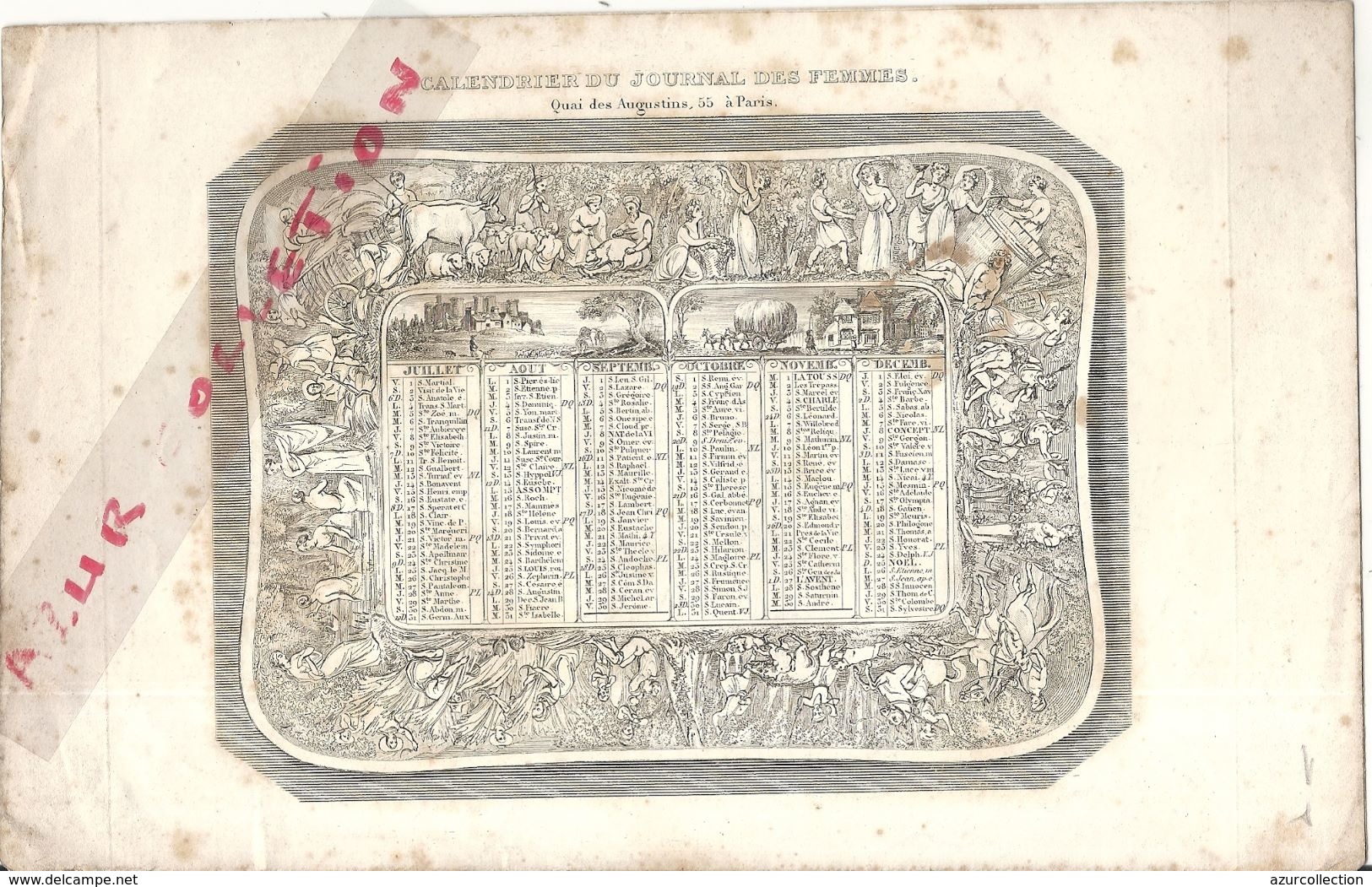 1836 . CALENDRIER DU JOURNAL DES FEMMES . 2 PAGES - Groot Formaat: ...-1900