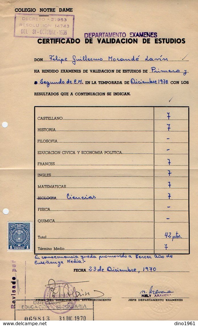 VP17.188 - CHILI / CHILE - SANTIAGO - Colegio Notre Dame De La Anunciacion - 3 Certificado - Mr Felipe  MORANDE LAVIN - Diplomi E Pagelle