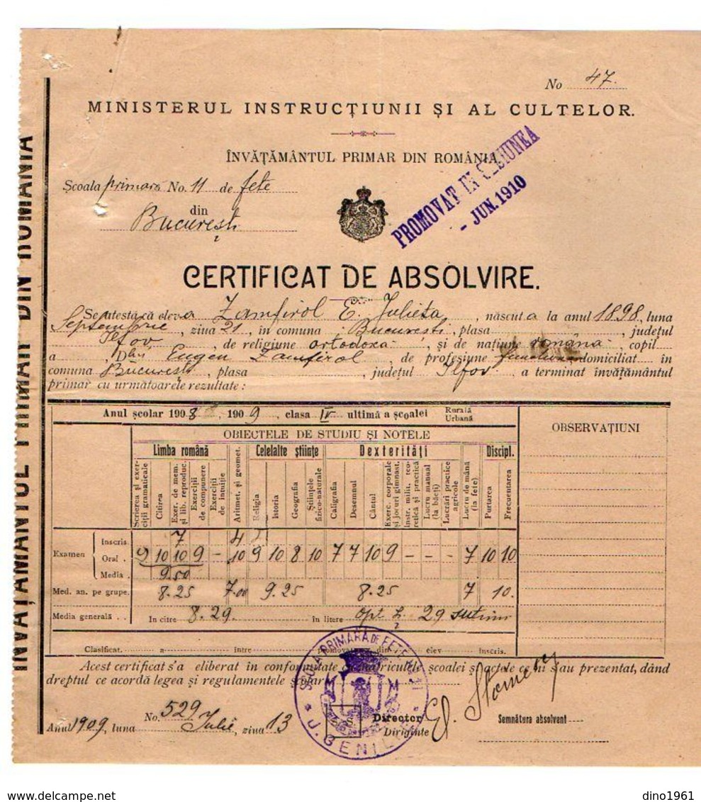 VP17.189 - ROUMANIE / ROMANIA - BUCAREST ( BUCURESTI ) 1910 / 13 - 4 Certificat De Examen - Melle Julieta ZAMFIROL - Diplomi E Pagelle