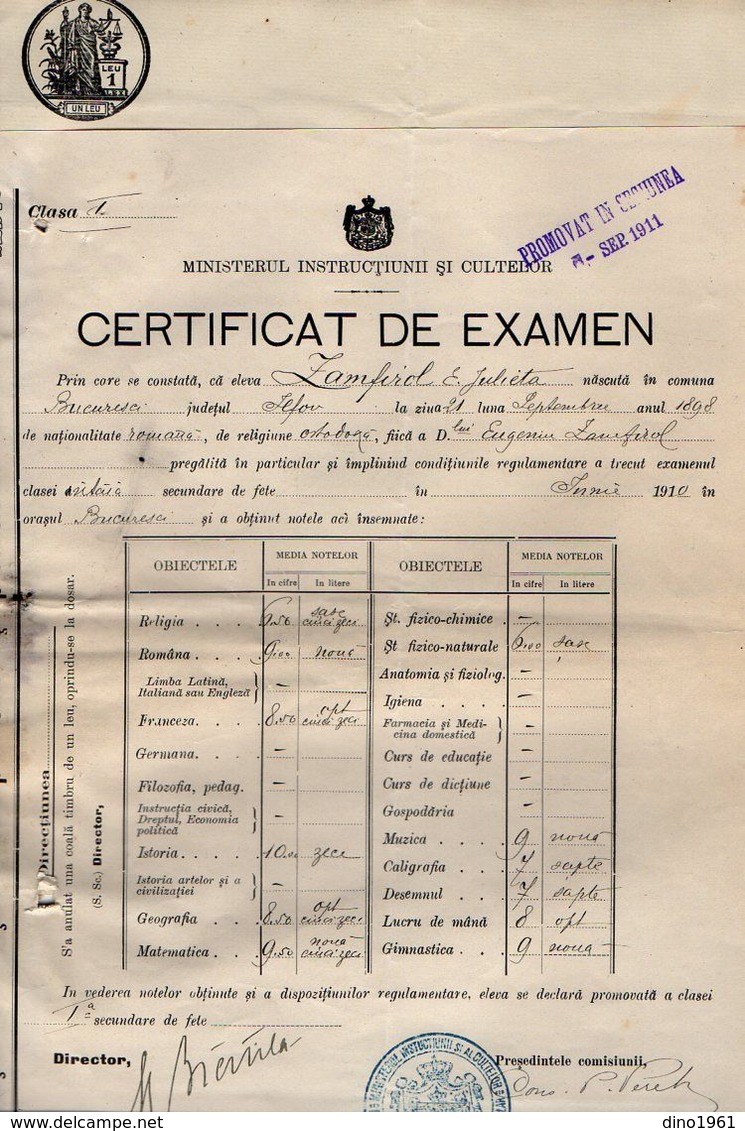 VP17.189 - ROUMANIE / ROMANIA - BUCAREST ( BUCURESTI ) 1910 / 13 - 4 Certificat De Examen - Melle Julieta ZAMFIROL - Diplômes & Bulletins Scolaires