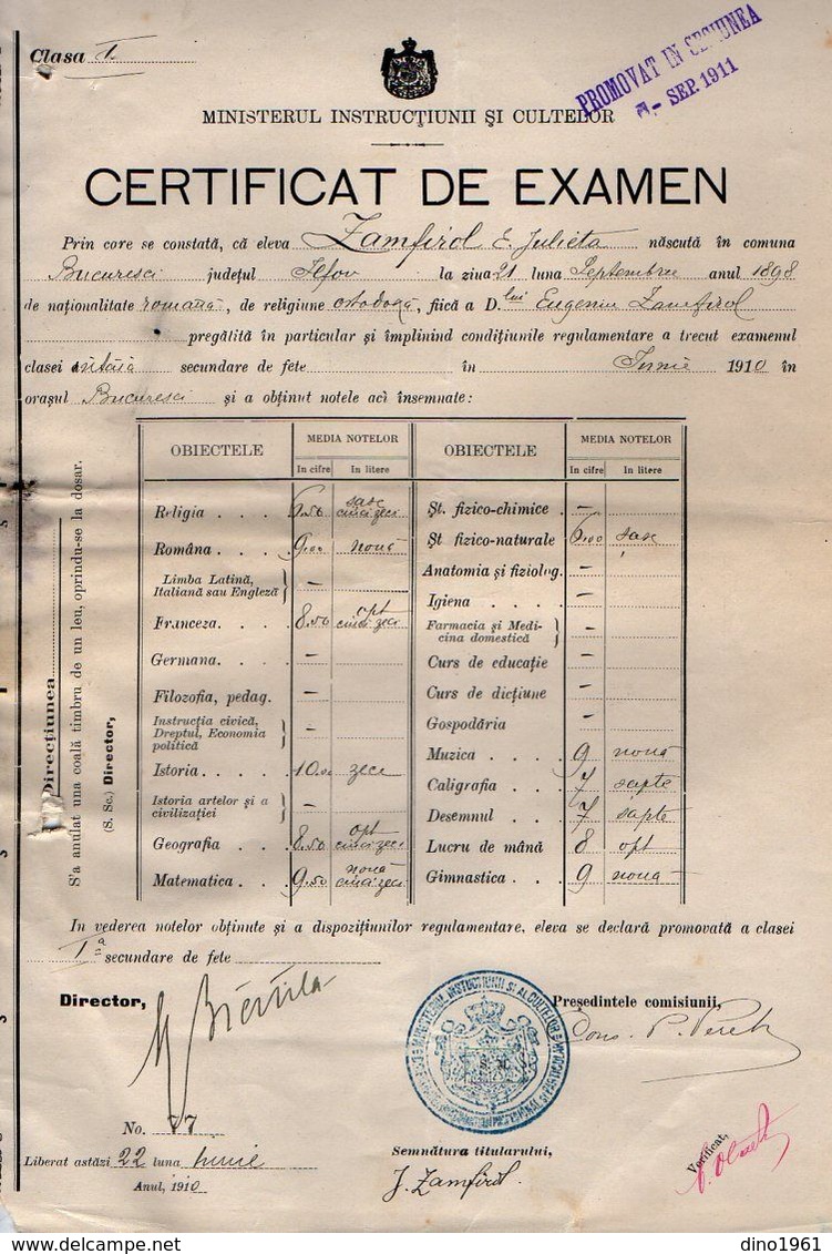 VP17.189 - ROUMANIE / ROMANIA - BUCAREST ( BUCURESTI ) 1910 / 13 - 4 Certificat De Examen - Melle Julieta ZAMFIROL - Diplomi E Pagelle