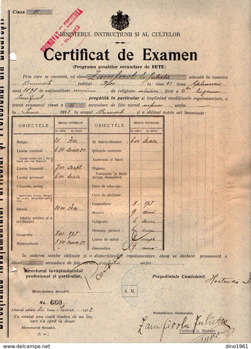 VP17.189 - ROUMANIE / ROMANIA - BUCAREST ( BUCURESTI ) 1910 / 13 - 4 Certificat de Examen - Melle Julieta ZAMFIROL