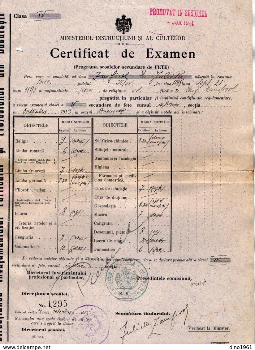 VP17.189 - ROUMANIE / ROMANIA - BUCAREST ( BUCURESTI ) 1910 / 13 - 4 Certificat de Examen - Melle Julieta ZAMFIROL