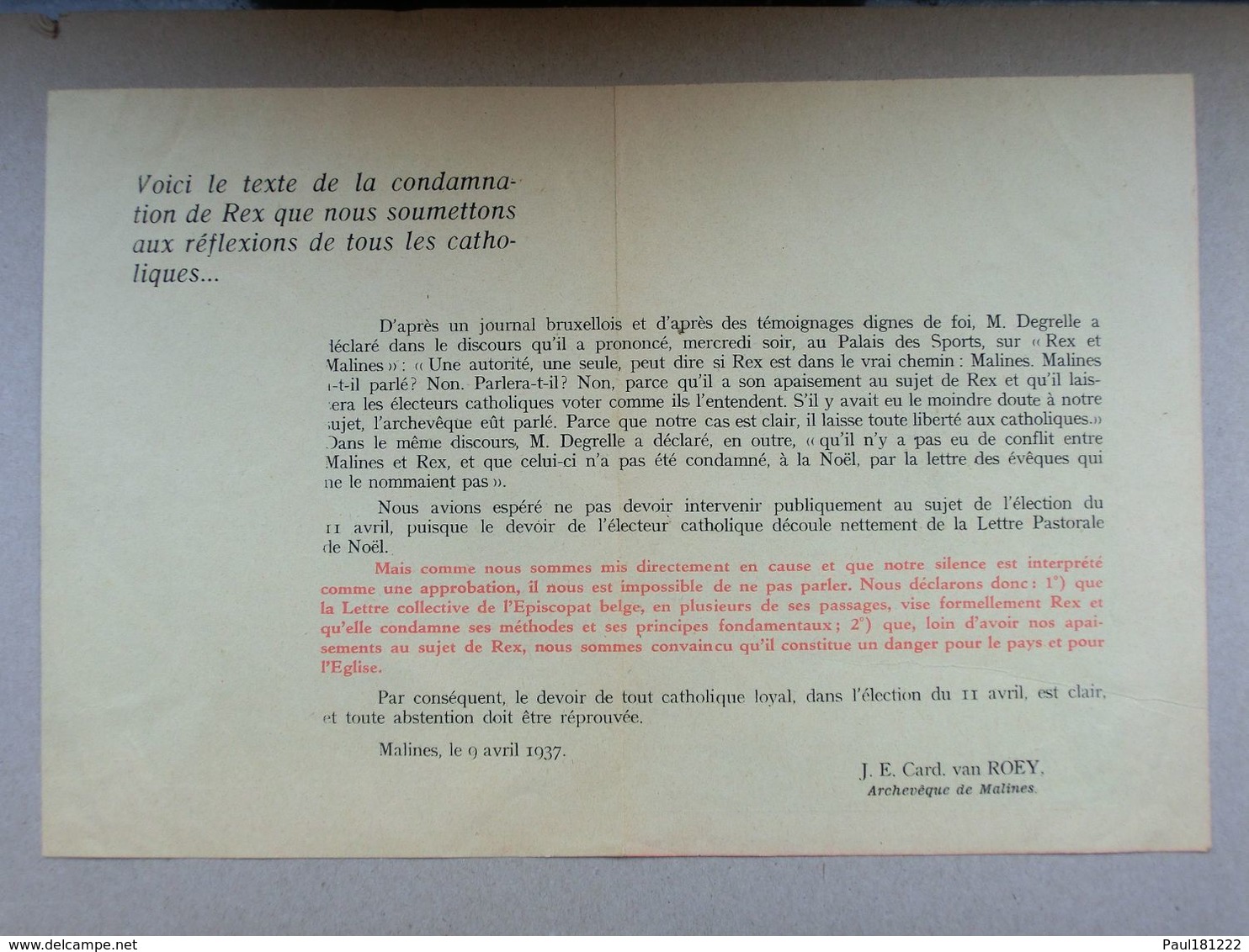Texte De Condamnation De REX Par L'Eglise De Malines, Cardinal Van Roey, 9 Avril 1937, Réponse à Degrelle, Rexisme - Historical Documents