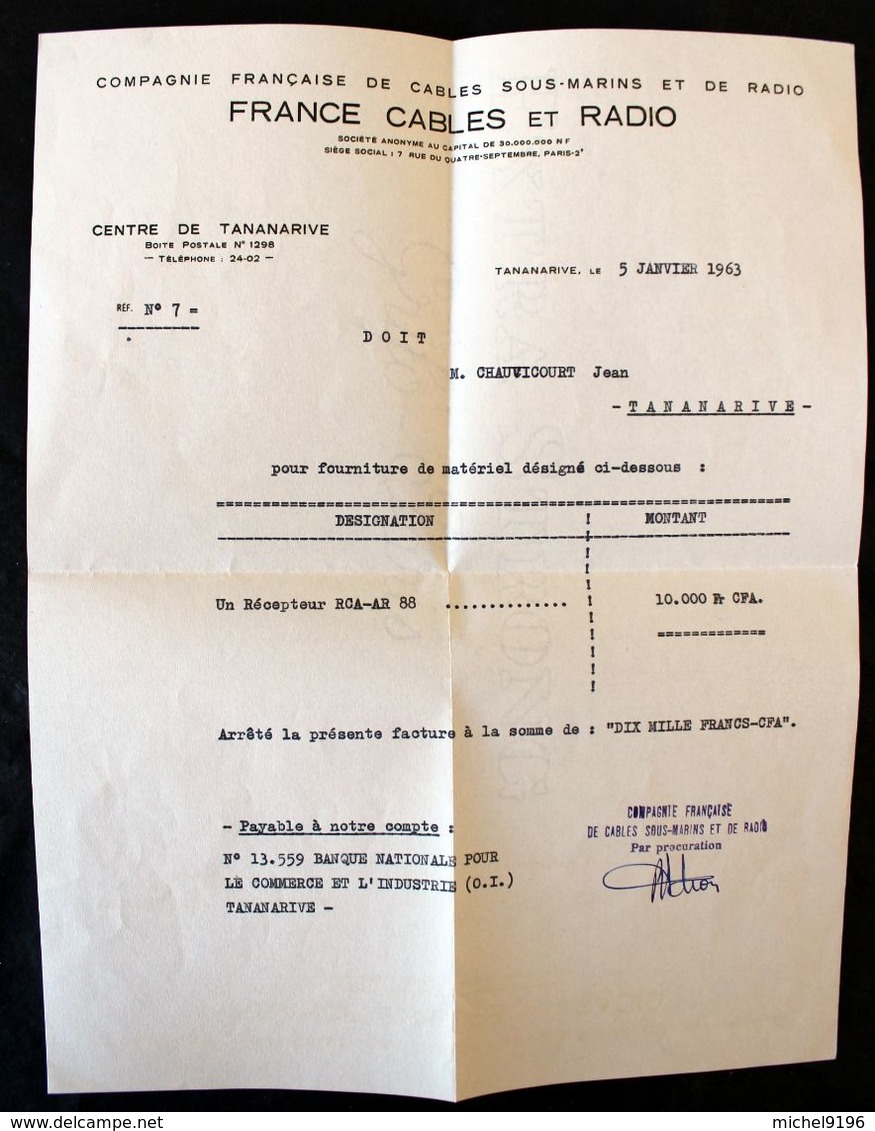 Facture Et Enveloppe Achat D'un Récepteur RCA AR 88 En 1963 à Tananarive - Radios