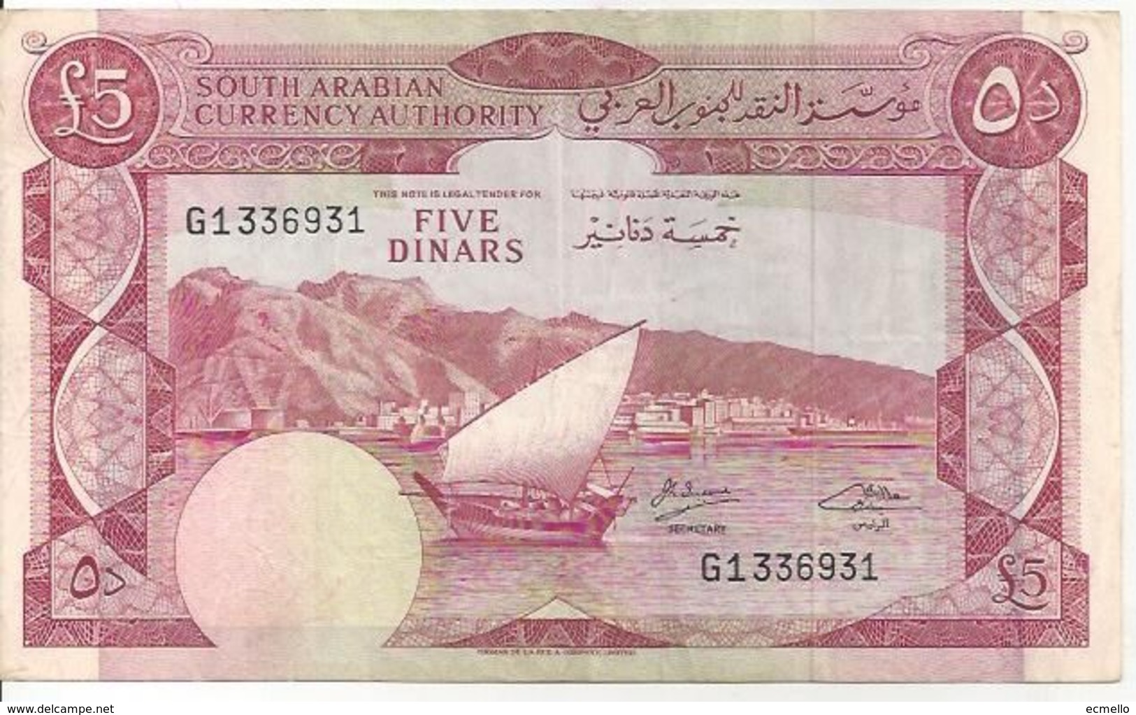 Yemen Democratic Republic South Arabian Carrency Authority P04b 5 Dinars 1965 VF - Yemen