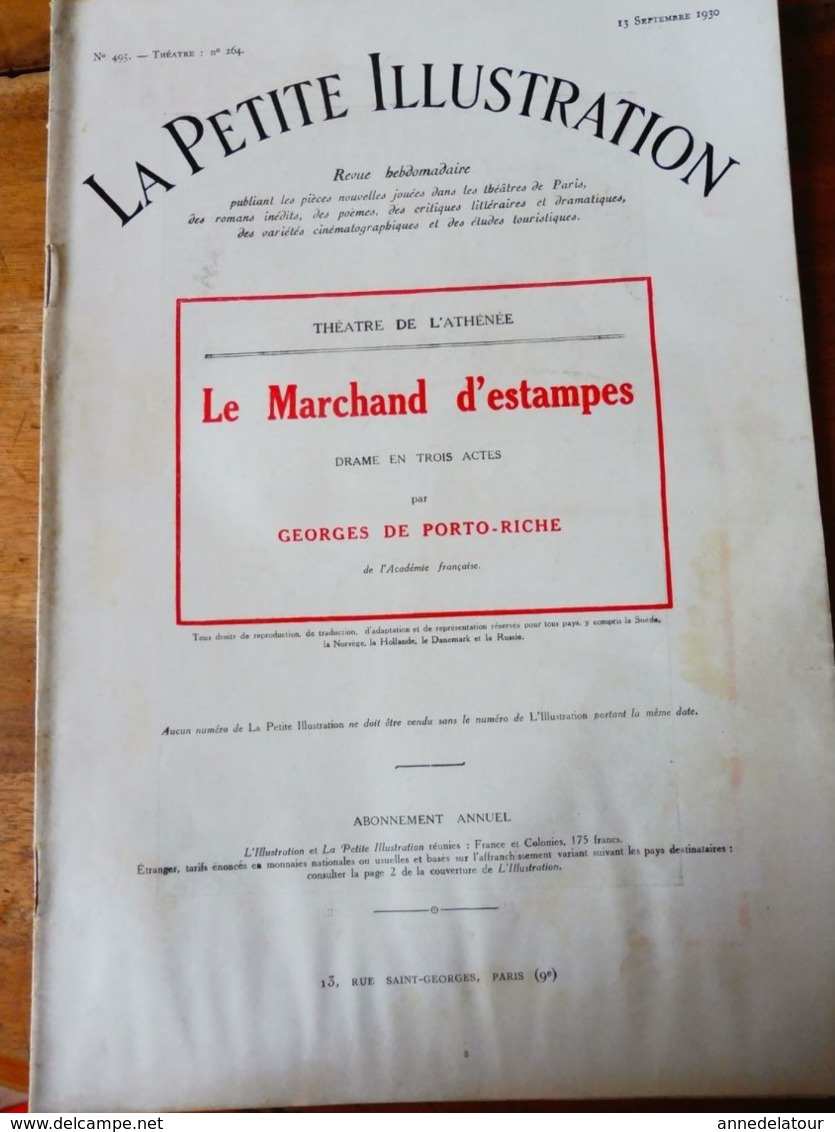 LE MARCHAND D'ESTAMPES, De Georges De Porto-Riche   (origine : LA PETITE ILLUSTRATION  ,1930); Au Dos---> Pub AROPHONE - French Authors