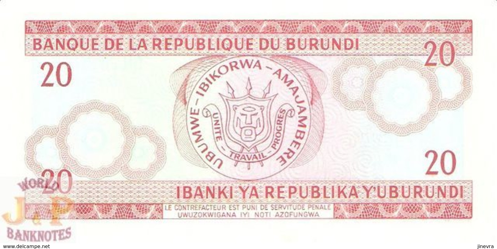 BURUNDI 20 FRANCS 1989 PICK 27b UNC - Burundi