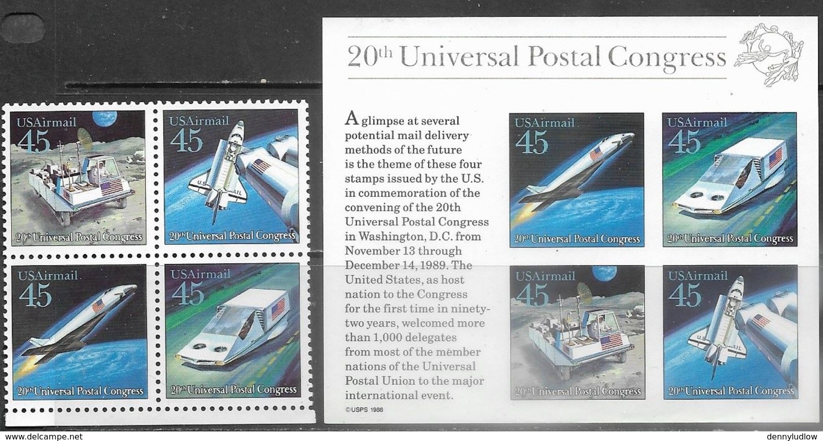 US   1988   45c Airmail Future Space Block And Souv Sheet  MNH   Face $3.60 - Stati Uniti