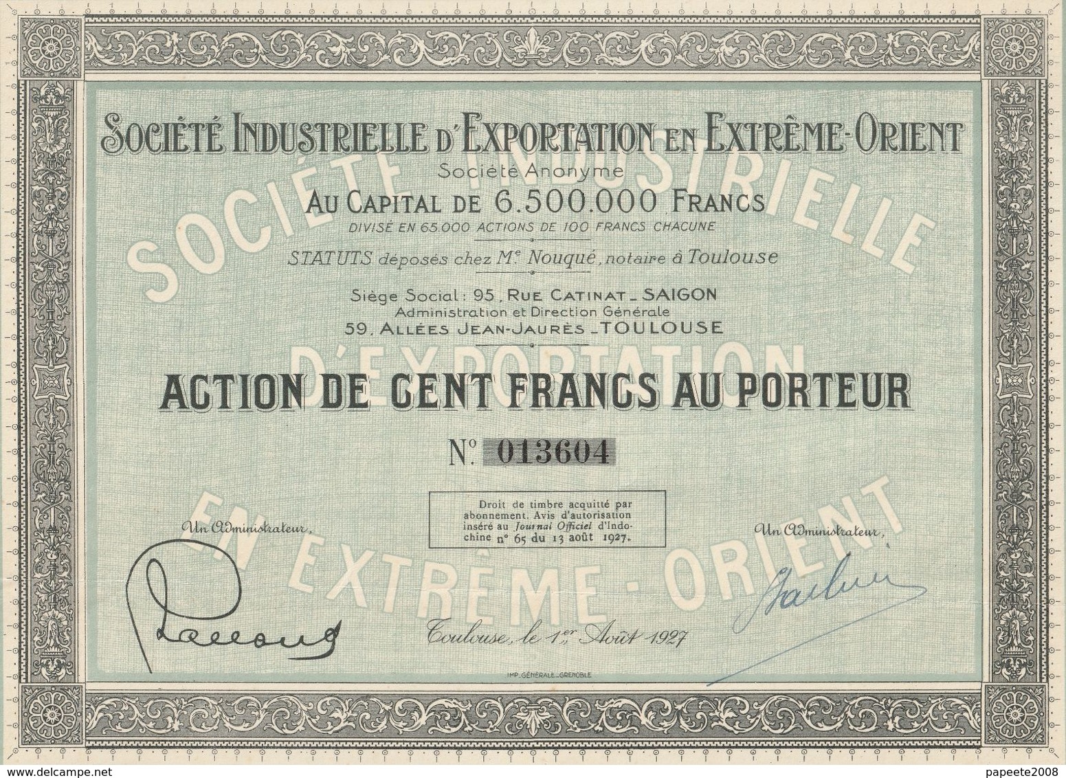 Indochine - Société Industrielle D'exportation En Extrème-orient - Action De 100 F - Asia