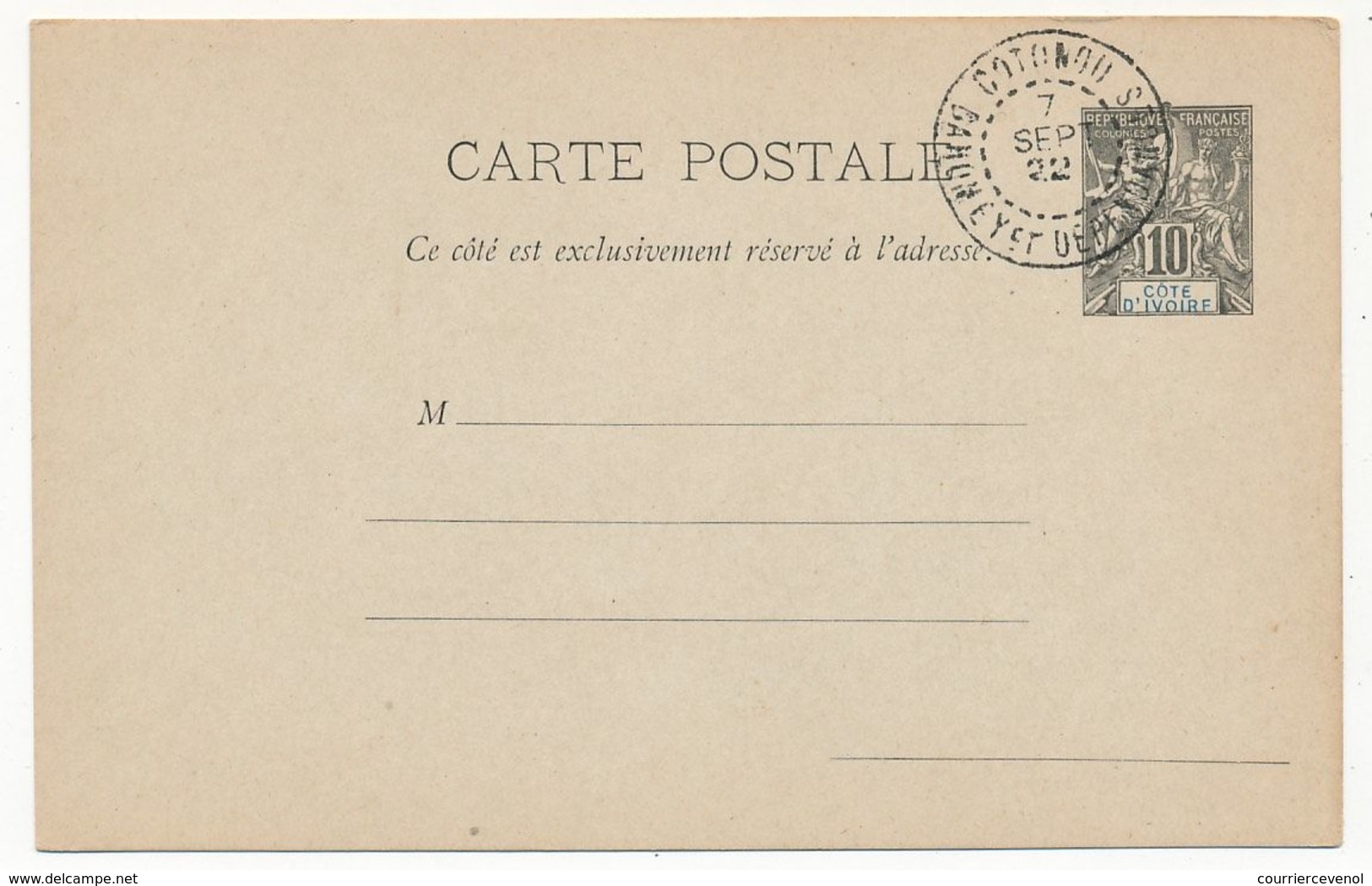 COTE D'IVOIRE - Entier Postal / Carte Postale Type Groupe (10) Oblitération Complaisante De Cotonou 1922 - Gebraucht