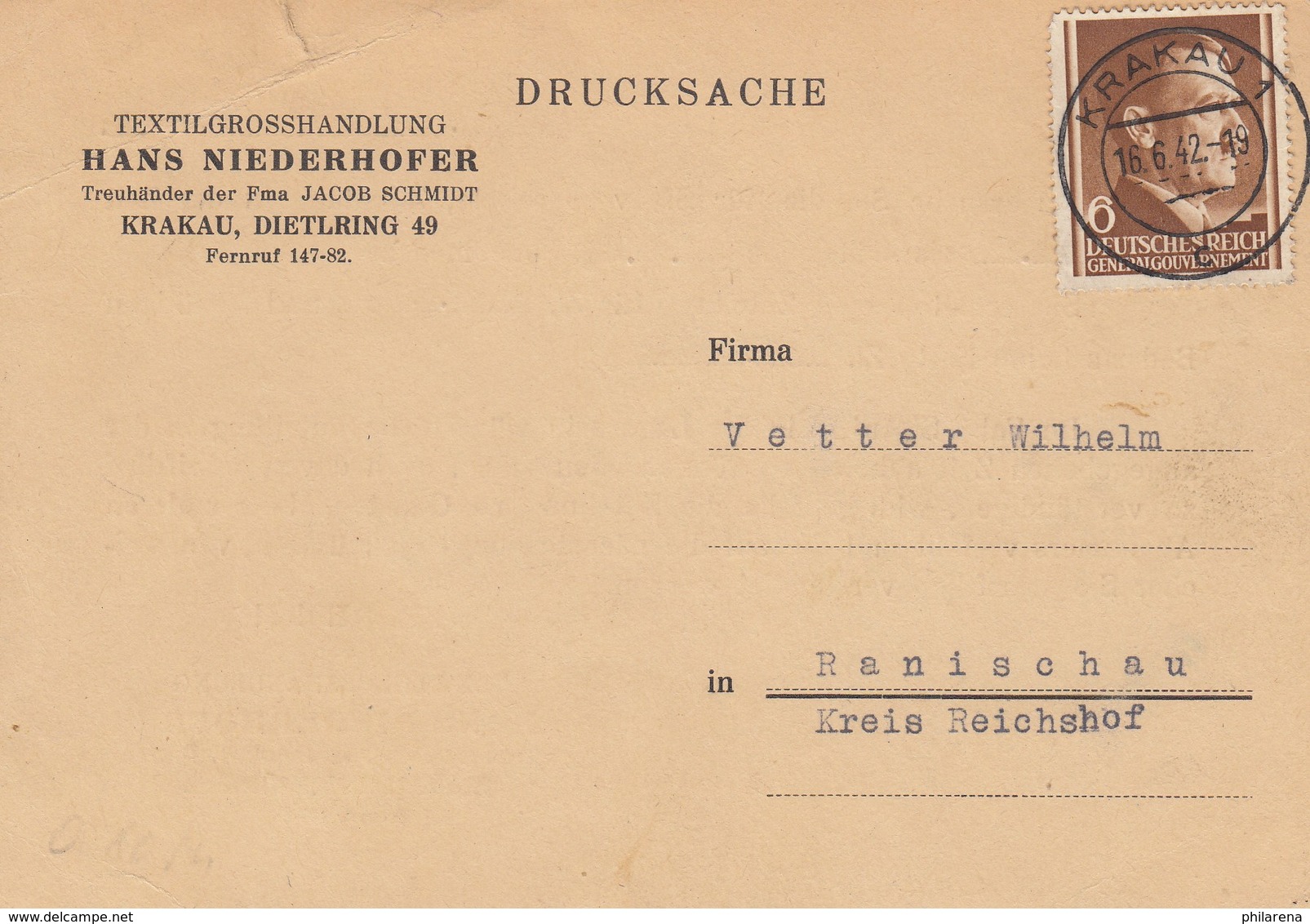 GG: EF Auf Drucksache Postkarte Textil Krakau Nach Ranischau - Occupation 1938-45