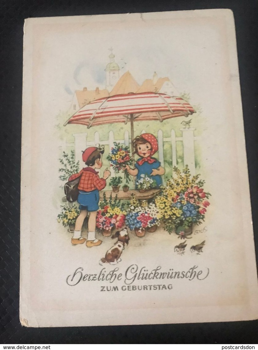 OLD   Postcard -  Herzliche Gluckwunsche Geburtstag - Fritz Baumgarten (illustrator) - 1950s - Baumgarten, F.