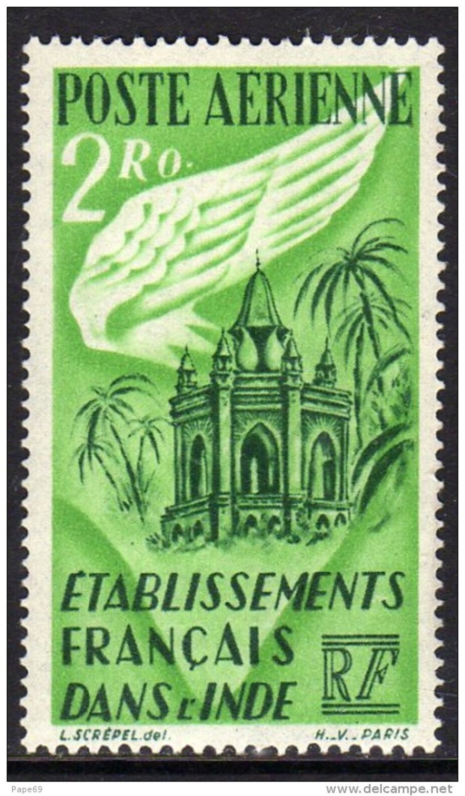 Inde P.A. N° 19 X  2 R. Vert-jaune Et Vert-noir, Trace De  Charnière Sinon TB - Andere & Zonder Classificatie