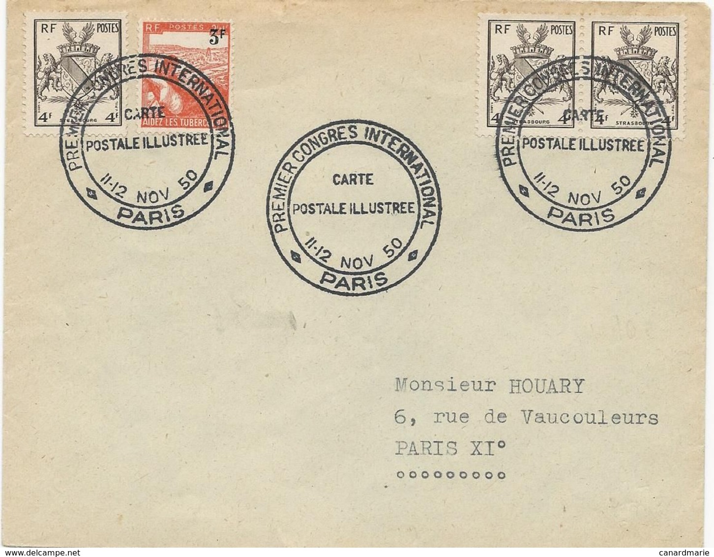 LETTRE 1950 AVEC  TIMBRES BLASON  STRASBOURG -TUBERCULEUX ET CACHET 1° CONGRES INTERNATIONAL CARTE POSTALE ILLUSTREE - Commemorative Postmarks