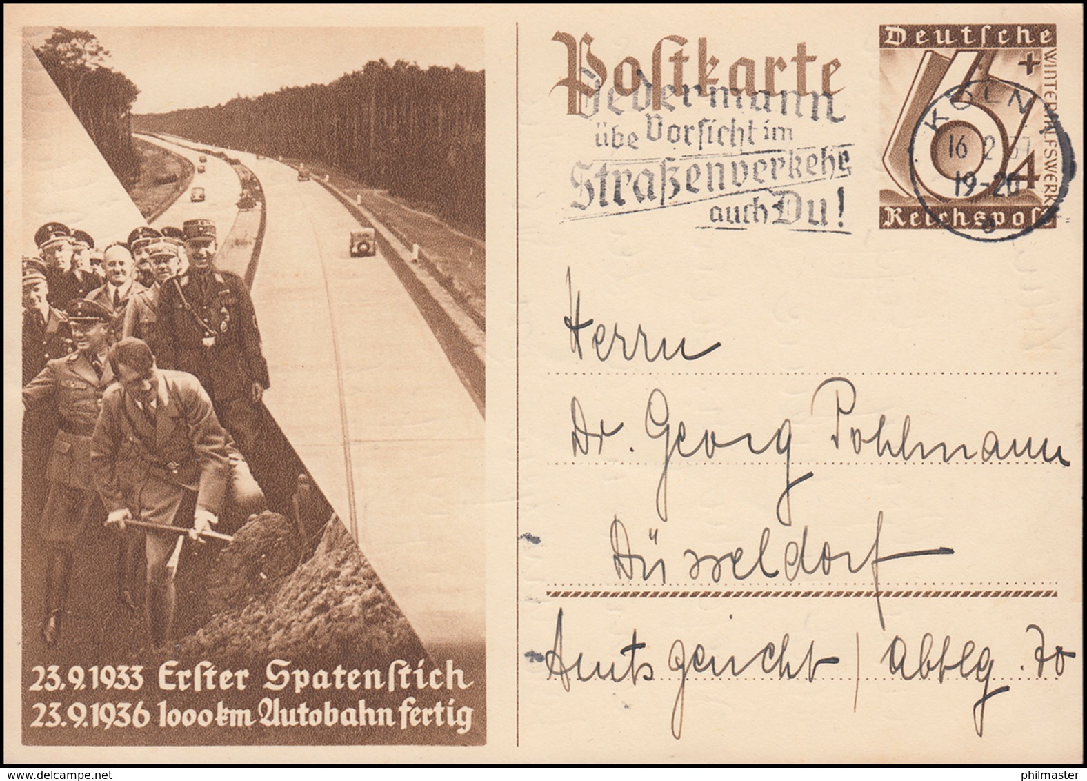 Sonderpostkarte P 263 WHW Spatenstich Autobahn, Köln Straßenverkehr 16.2.37 - Sonstige & Ohne Zuordnung