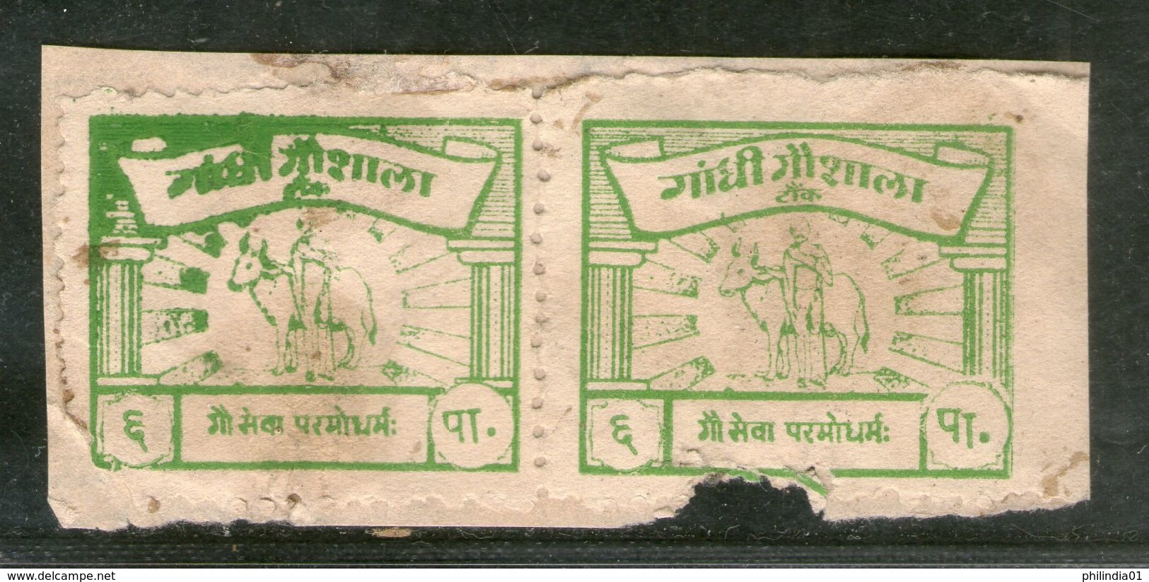 India 6ps Gandhi Gaushala Tonk Charity Label Pair Extremely RARE # 530 - Liefdadigheid Zegels